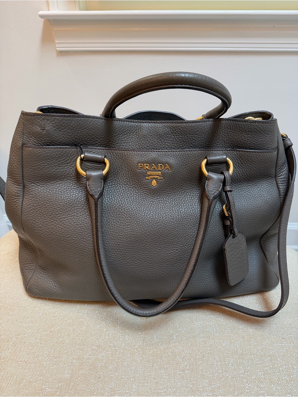 Prada Vitello Daino East West Gray Pebbled Leather Tote Bag